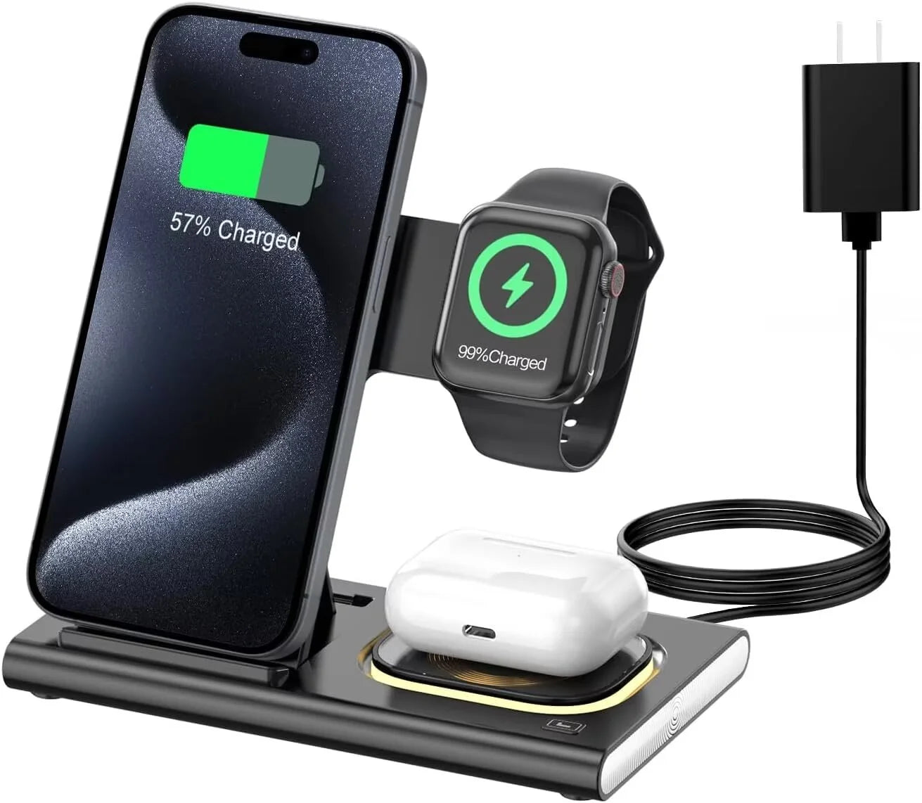 3 in 1 Foldable Charging Station Compatible with Apple Products,Fast Wireless Charger Travel Dock Adapter&Light for Iphone 15 14 13 12 11 Pro Max,Watch 9 8 7 6 5 4 3 2 Se and Airpods,Black