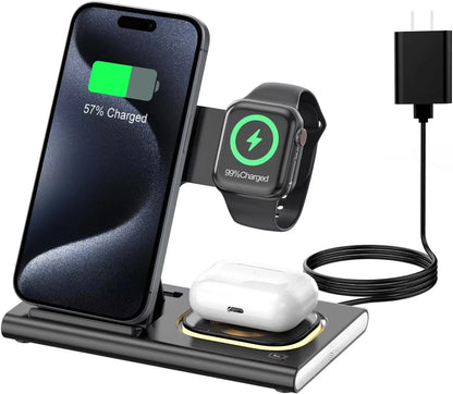 3 in 1 Foldable Charging Station Compatible with Apple Products,Fast Wireless Charger Travel Dock Adapter&Light for Iphone 15 14 13 12 11 Pro Max,Watch 9 8 7 6 5 4 3 2 Se and Airpods,Black