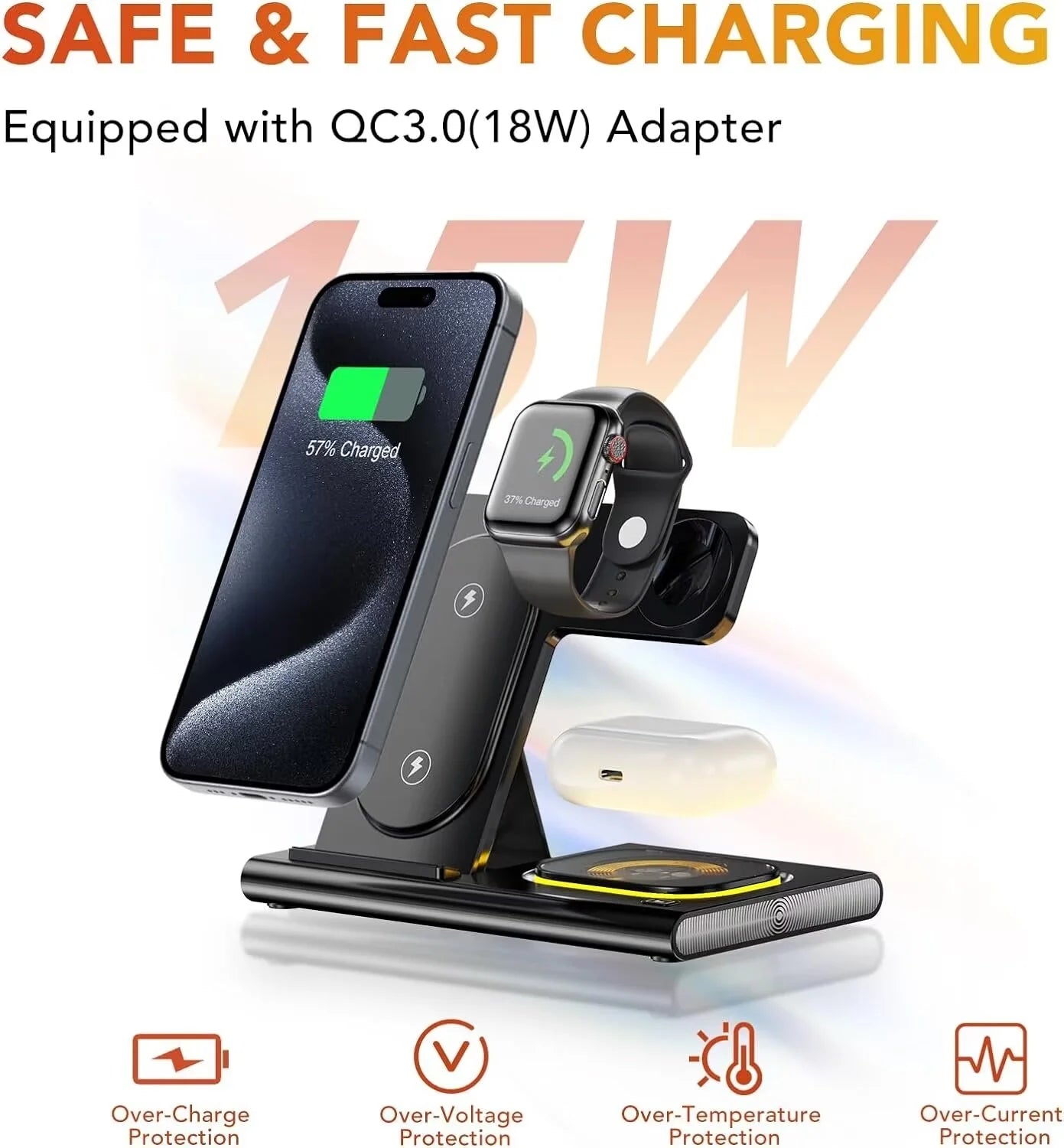 3 in 1 Foldable Charging Station Compatible with Apple Products,Fast Wireless Charger Travel Dock Adapter&Light for Iphone 15 14 13 12 11 Pro Max,Watch 9 8 7 6 5 4 3 2 Se and Airpods,Black