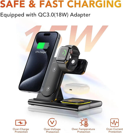 3 in 1 Foldable Charging Station Compatible with Apple Products,Fast Wireless Charger Travel Dock Adapter&Light for Iphone 15 14 13 12 11 Pro Max,Watch 9 8 7 6 5 4 3 2 Se and Airpods,Black