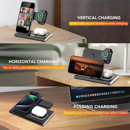 3 in 1 Foldable Charging Station Compatible with Apple Products,Fast Wireless Charger Travel Dock Adapter&Light for Iphone 15 14 13 12 11 Pro Max,Watch 9 8 7 6 5 4 3 2 Se and Airpods,Black